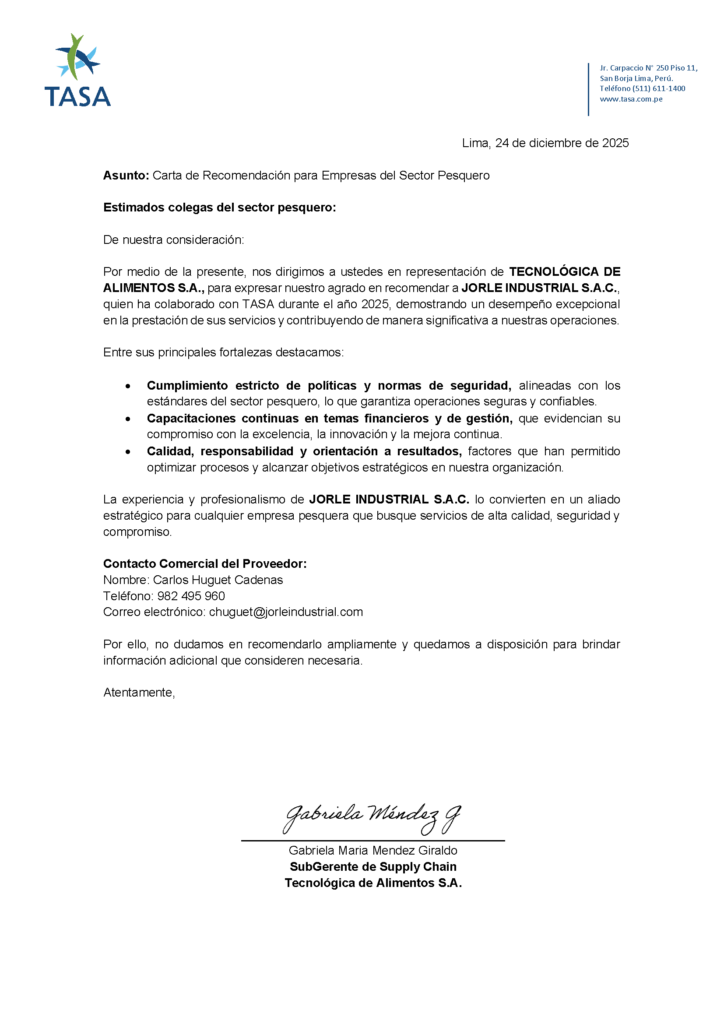 Carta de Recomendación para Empresas del Sector Pesquero.